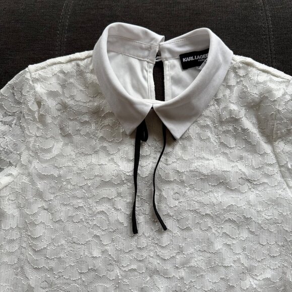 Karl Lagerfeld Paris White Lace Short Sleeve Blouse With Contrast Collar & Tie D - Picture 8 of 8